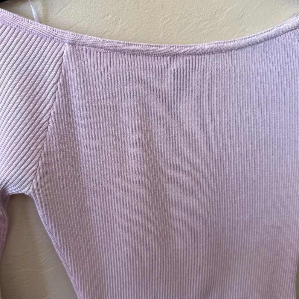 Emerson Lang Ribbed Knit Off Shoulder Top Pink Fitted Long Sleeve Medium